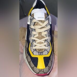 Gucci Beige GG Canvas Sneakers with Navy and Yellow Accents